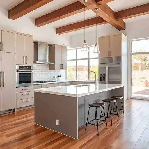 Newly renovated kitchen in Mentone CA with modern cabinetry, quartz countertops, and hardwood flooring in a bright space.