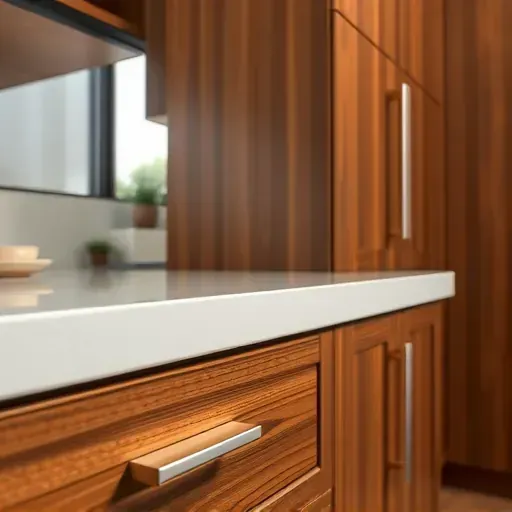 Close-up of polished wooden kitchen cabinets with modern metal handles in a well-lit, stylish Mentone California kitchen