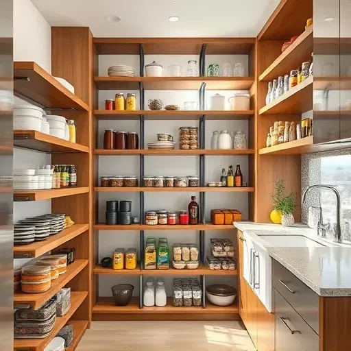 Beautiful modern pantry in Mentone CA with organized shelves, glass containers, steel accents, and natural daylight