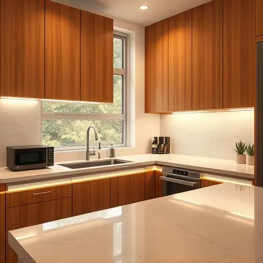 Modern kitchen with warm wood cabinetry and integrated LED under cabinet lighting illuminating polished granite countertops in Mentone CA