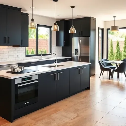 Remodeled Mentone CA kitchen with matte black cabinets, quartz island, high-end appliances, subway tile, large tile flooring.