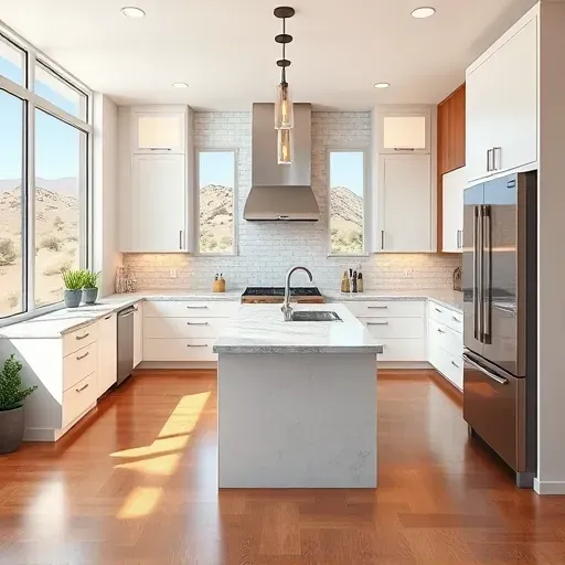 Modern Mentone CA kitchen with granite countertops stainless steel appliances marble island hardwood floors and desert views