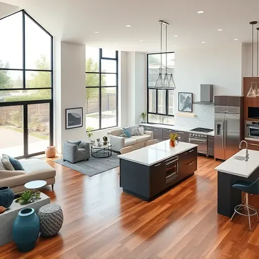 Spacious Corona CA living room and kitchen showcase modern design, natural light, hardwood floors, and stylish decor.