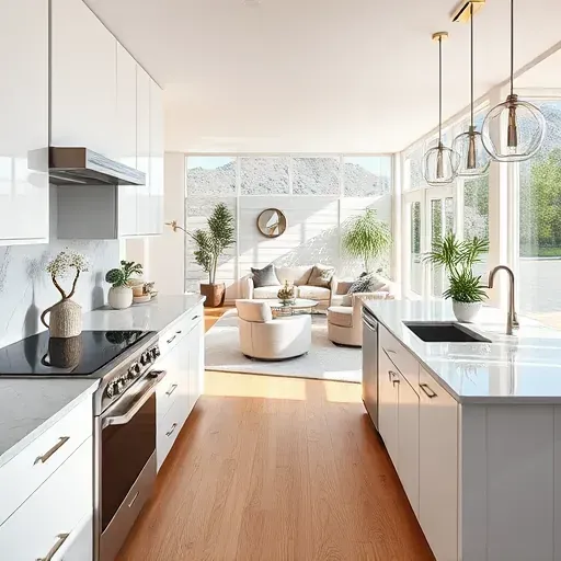 Modern kitchen remodel in Oak Glen with white cabinetry, marble countertops, stainless steel appliances, and natural light.