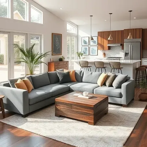 Spacious Montclair CA living room with natural light, gray sofa, reclaimed wood coffee table, and modern kitchen.