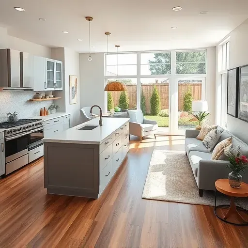 Modern kitchen and living area remodel in Bloomington CA with soft gray cabinetry, quartz island, and oak flooring.