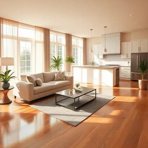 Modern living space in Calimesa, CA featuring high-end wood flooring, sleek furniture, and a state-of-the-art kitchen.