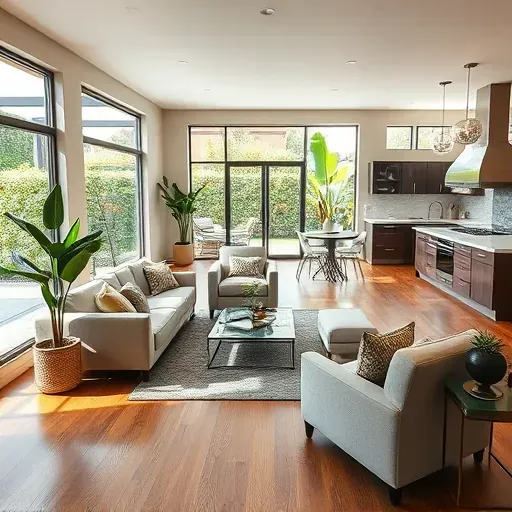 Modern open-concept living room in Hemet CA blending rustic and contemporary styles with elegant decor and vibrant plants.