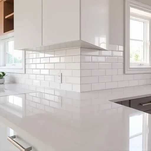 Flawlessly installed modern herringbone subway tile backsplash in a bright Mentone CA kitchen with sleek countertops and metallic accents
