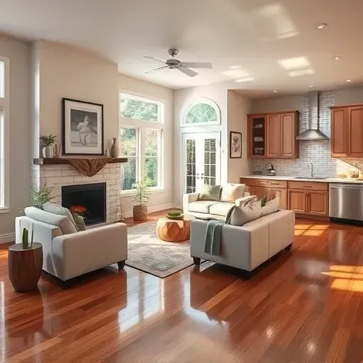 Inviting living room in Crestline CA with large bay windows, cozy fireplace, modern furnishings, and stylish decor.