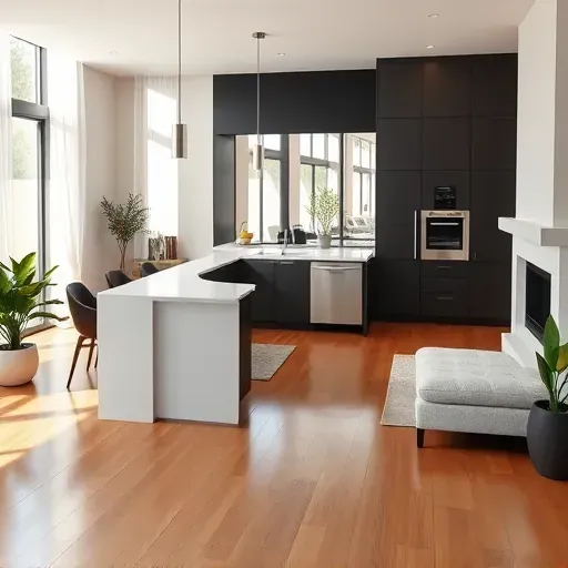 Modern kitchen in Upland CA with dark cabinetry, bright quartz countertops, and an inviting open-concept living area.