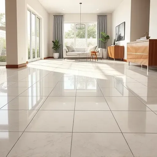 Newly installed glossy ceramic tile flooring in a modern sunny residential room in Mentone CA with minimalist decor