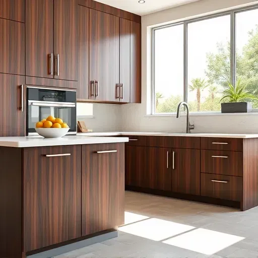 Recently replaced dark wood modern cabinets in bright Mentone California kitchen with quartz countertop and natural light