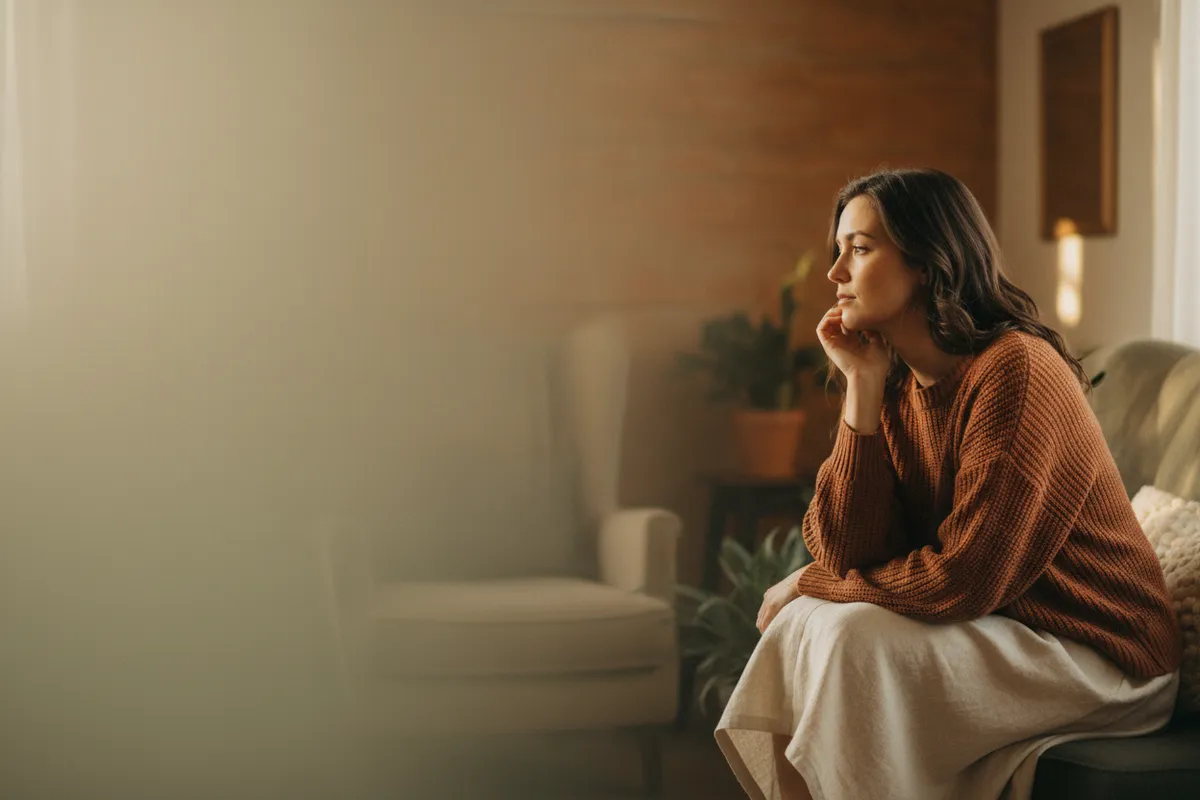 Woman resting softly on a sofa with her eyes closed, lit by warm gentle light