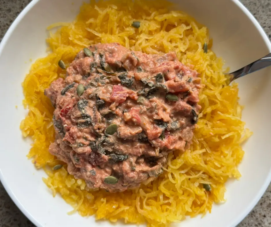 Creamy Tomato, White Bean & Leafy Greens Spaghetti Squash