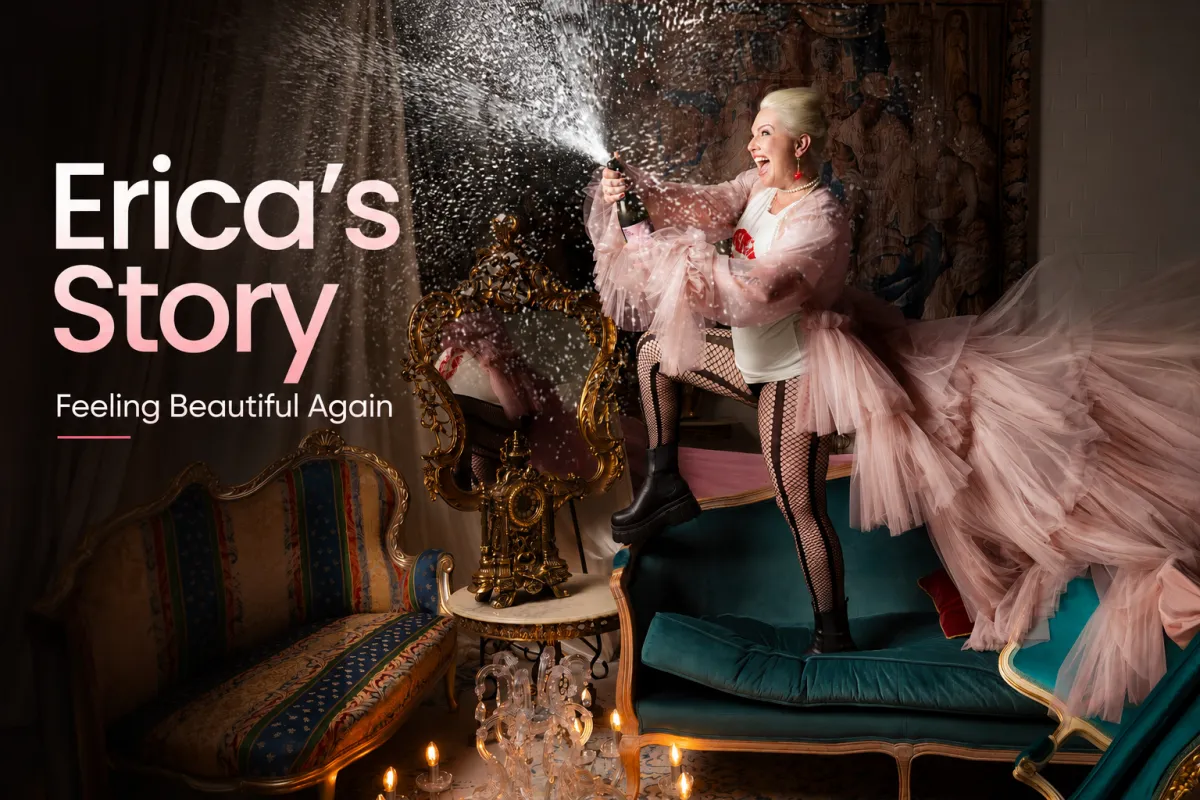 Portrait of a woman popping a champagne bottle while standing on a chaise lounge