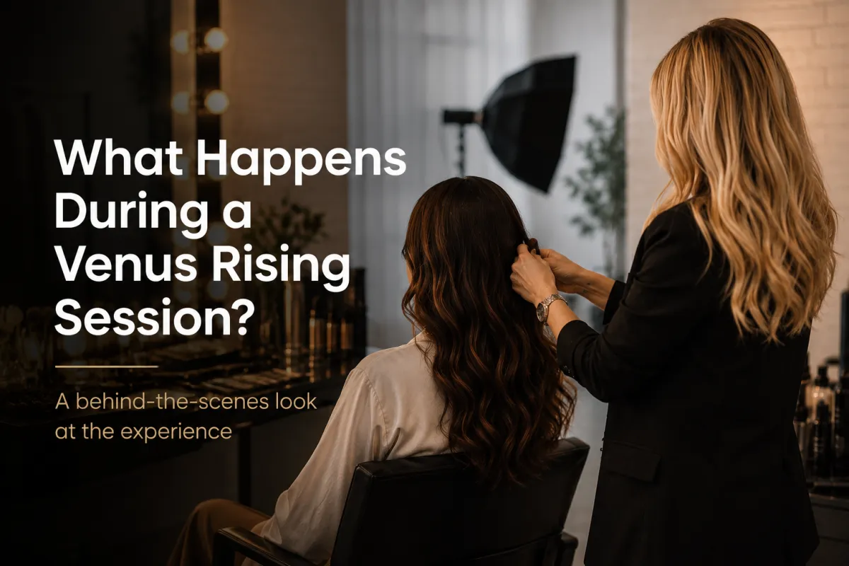 A hair stylist working with a client in a photography studio