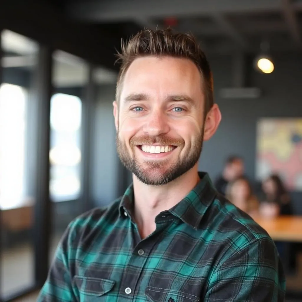 A professional coach, mid-40s, smiling confidently in a minimalist office with books and plants, wearing business-casual attire. The background is softly blurred, emphasizing the coach’s approachable demeanor and expertise.