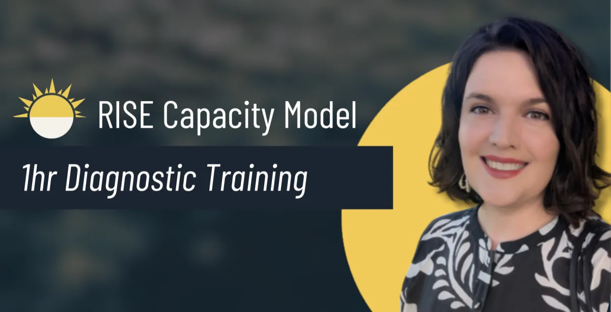 Picture of Elizabeth Vahey Smith  (white woman, brunette bob) smiling warmly. Text reads: "RISE Capacity Model, 10 minute Video Introduction"