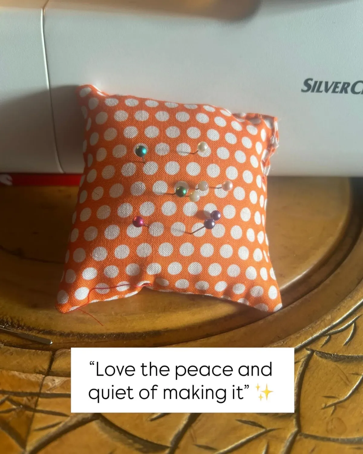 Polka dot beginner sewing pin cushion project by sewing circle student