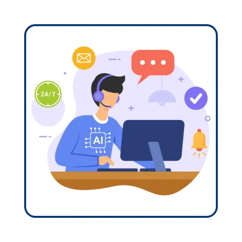 Flat vector illustration of an AI receptionist (friendly humanoid assistant) interacting with customers via phone and chat; indigo/navy with warm orange accent on a white background