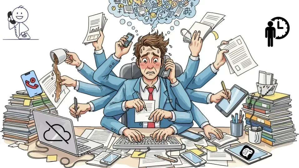 Vector illustration of missed calls, delayed replies, and messy systems for small businesses