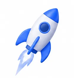 A stylized 3D illustration of a blue and white rocket ship taking off.