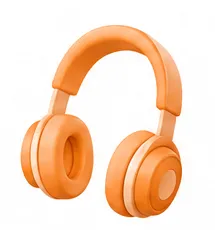 A stylized 3D illustration of bright orange over-ear headphones.