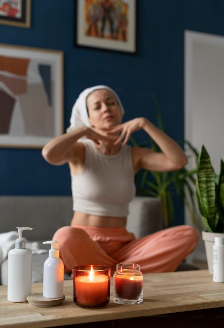 woman performing a neck stretch in a comfortable home setting with scented candles from her holistic acupuncture clinic care in cupertino ca.