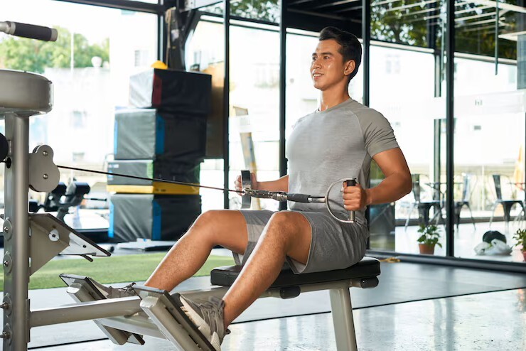fit man using a rowing machine at the gym after recovery at an acupuncture clinic in cupertino ca.