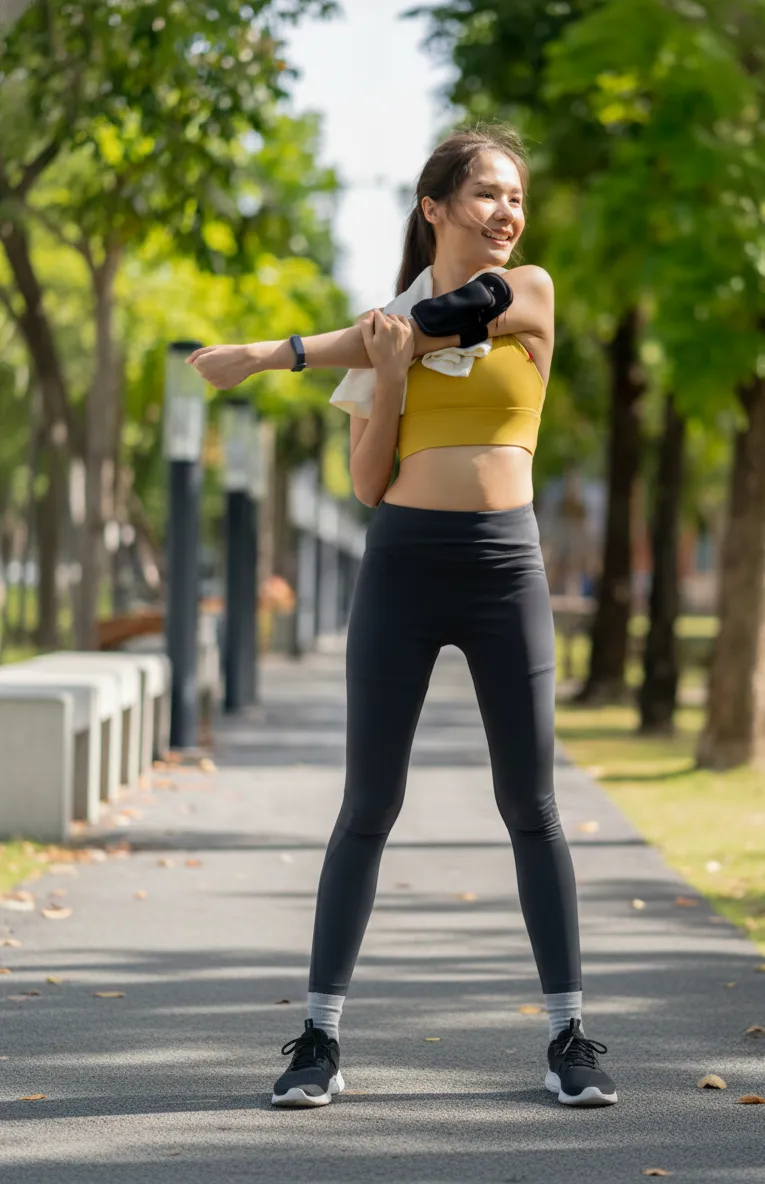 happy woman stretching her arms outside after a session at a womens health acupuncture clinic in cupertino ca.