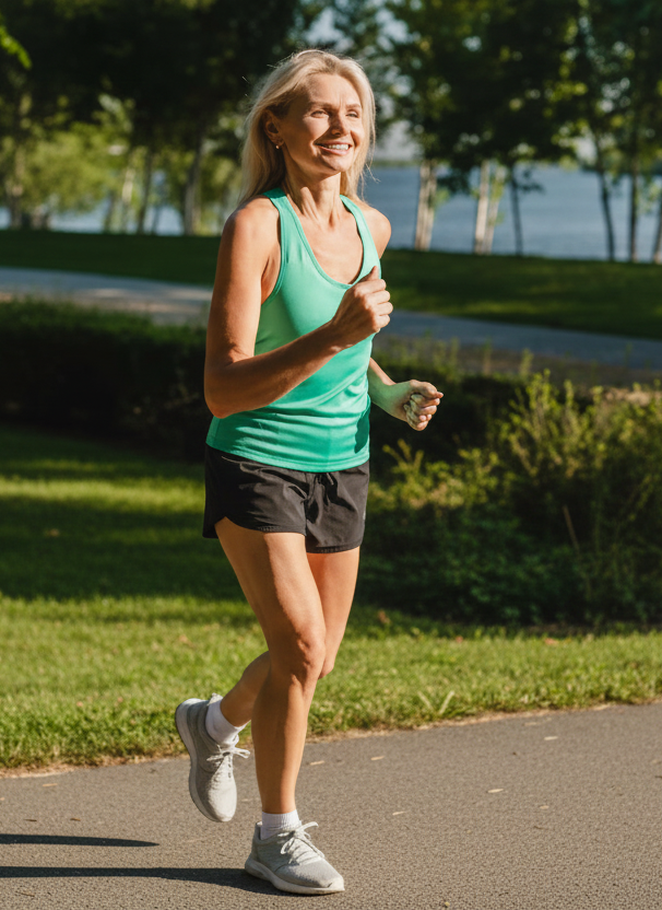 happy woman jogging in the park after her appointment at a cosmetic acupuncture clinic in cupertino ca.