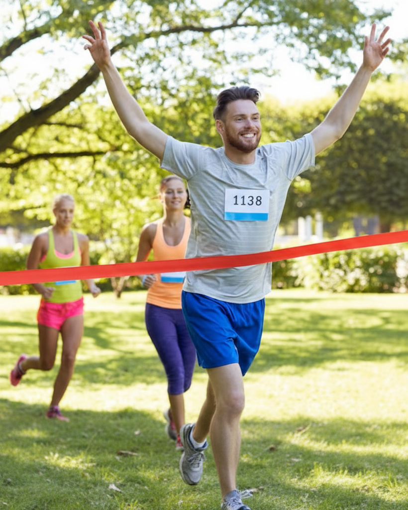 man crossing a marathon finish line with arms raised after treatment at a pain-relief acupuncture clinic in cupertino ca.