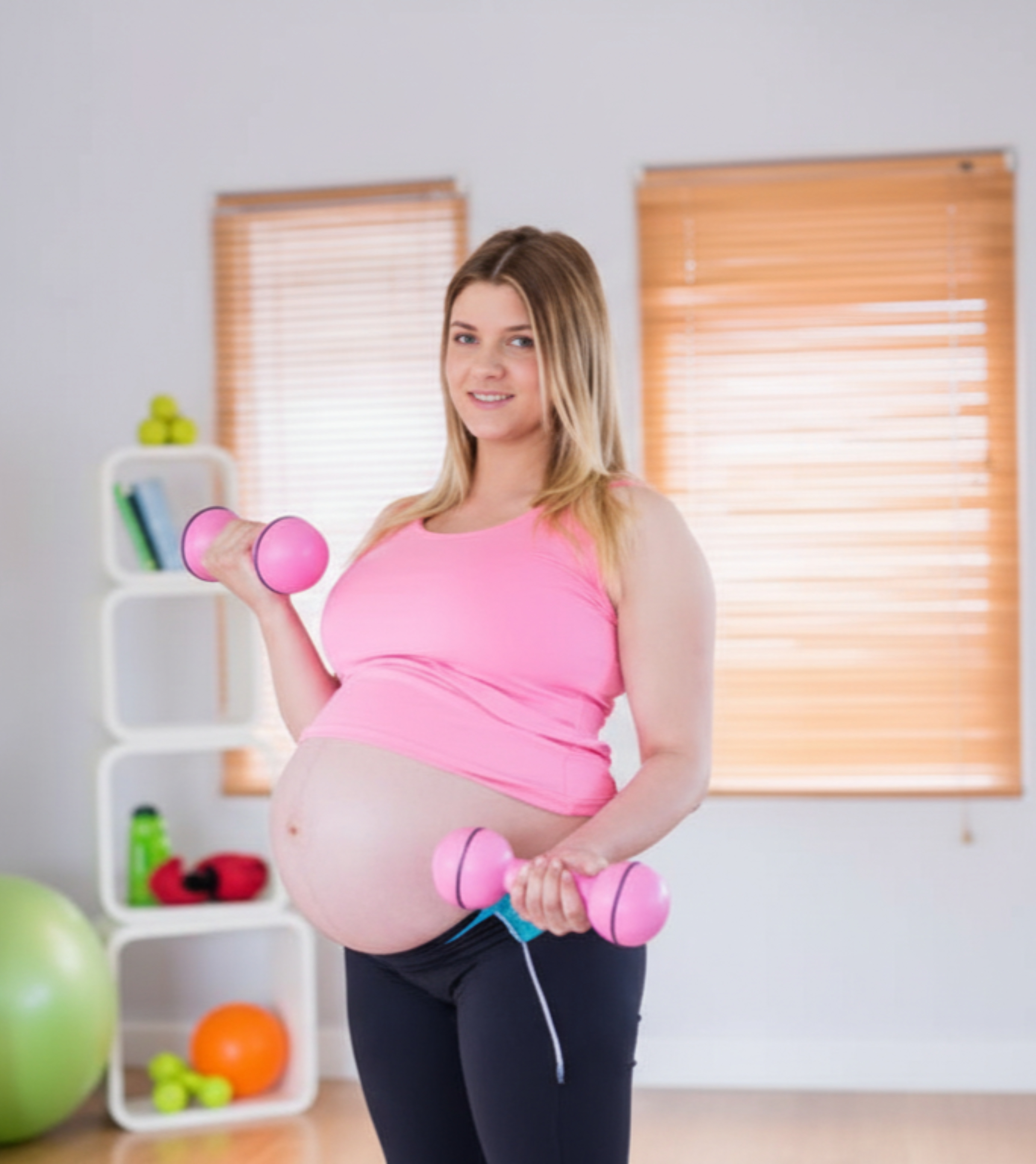 woman lifting weights during natural pregnancy support in cupertino ca to maintain muscle tone and health.