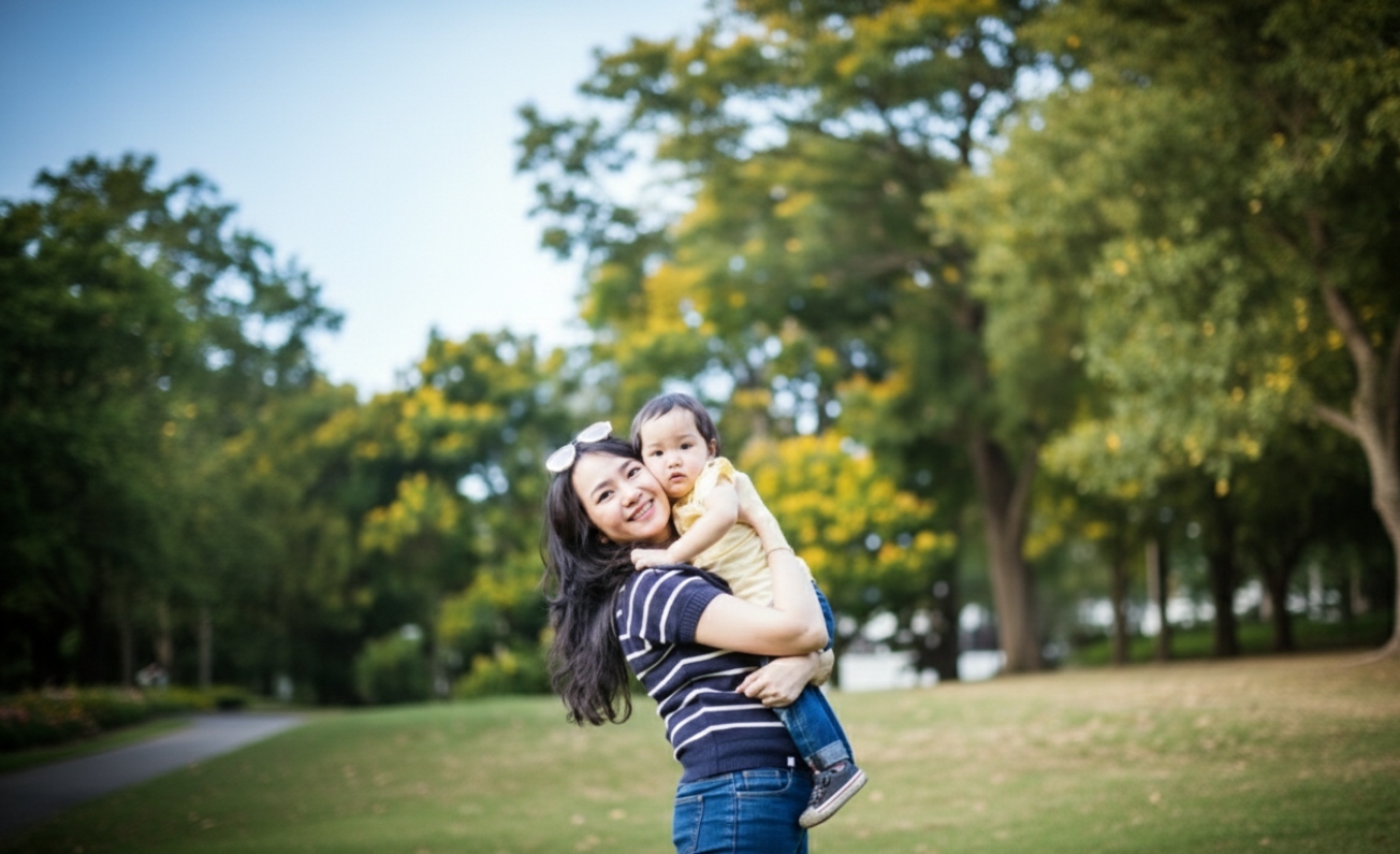 happy mother hugging her young child outdoors near a professional ivf acupuncture clinic in cupertino ca.