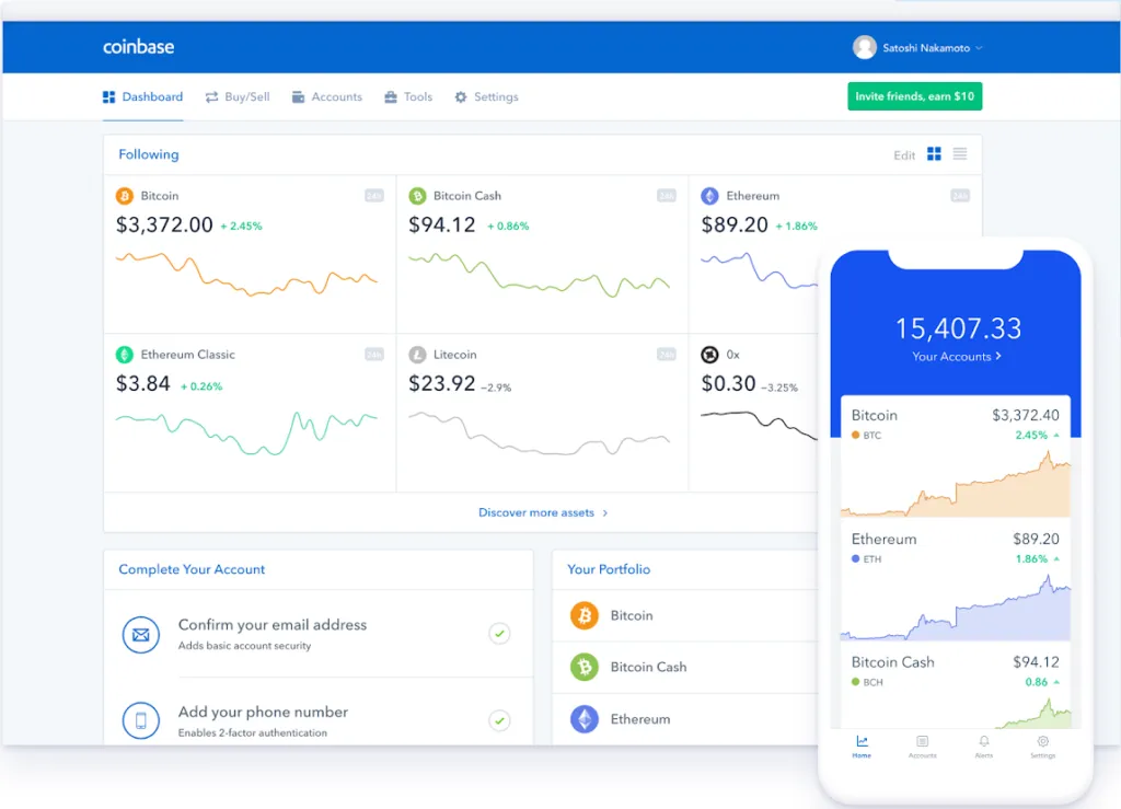 Coinbase interface application mobile - Cryptospot.fr