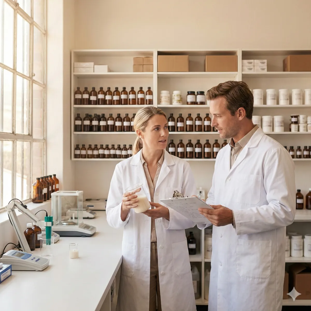 man and woman private label cosmetics formulation area