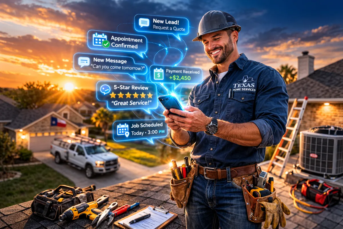 Home services contractor on a roof checking his phone as automated messages confirm new leads, booked jobs, and payments.