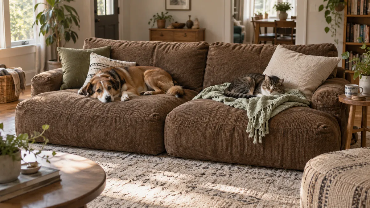 Brown modular boneless couch with a dog and cat relaxing in a warm living room