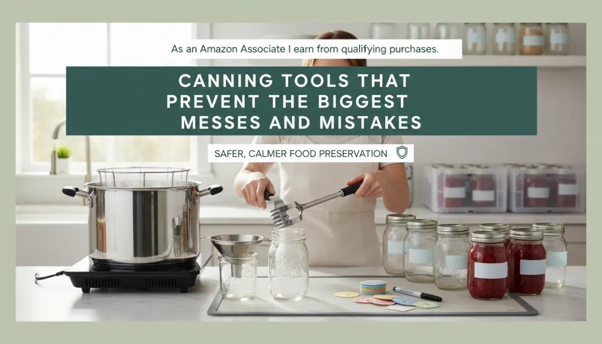 Water-bath canner, jars, funnel, jar lifter, towels and labels arranged on a kitchen counter