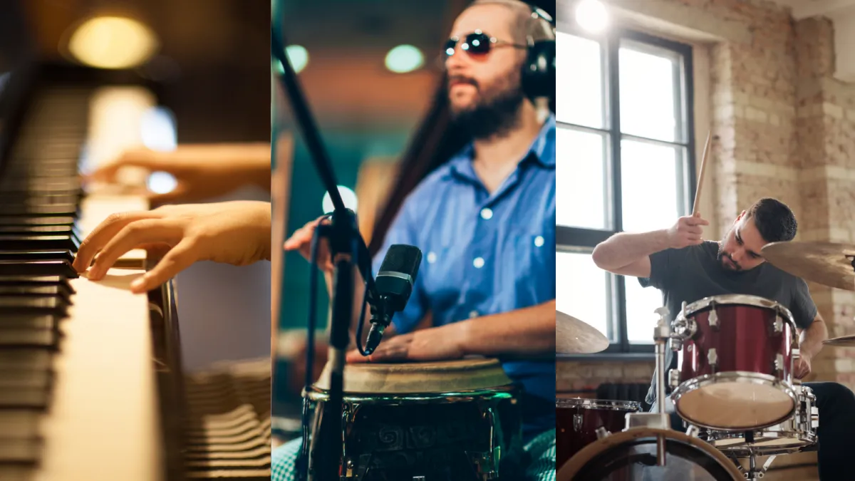 An adult, dressed in a colorful long sleeve and eyeglasses, sits attentively at a sleek digital keyboard, their fingers moving gracefully over the keys. The soft glow of a tilt light bathes the scene, casting an inviting, warm ambiance around them. 
