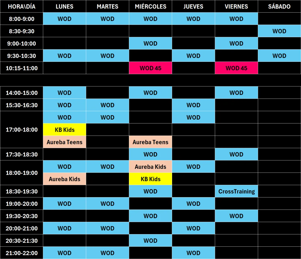 tabla con horario de clases del centro