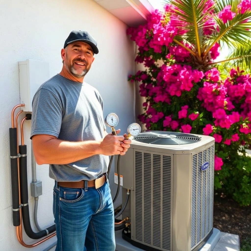Sarasota HVAC technician repairing a residential air conditioner