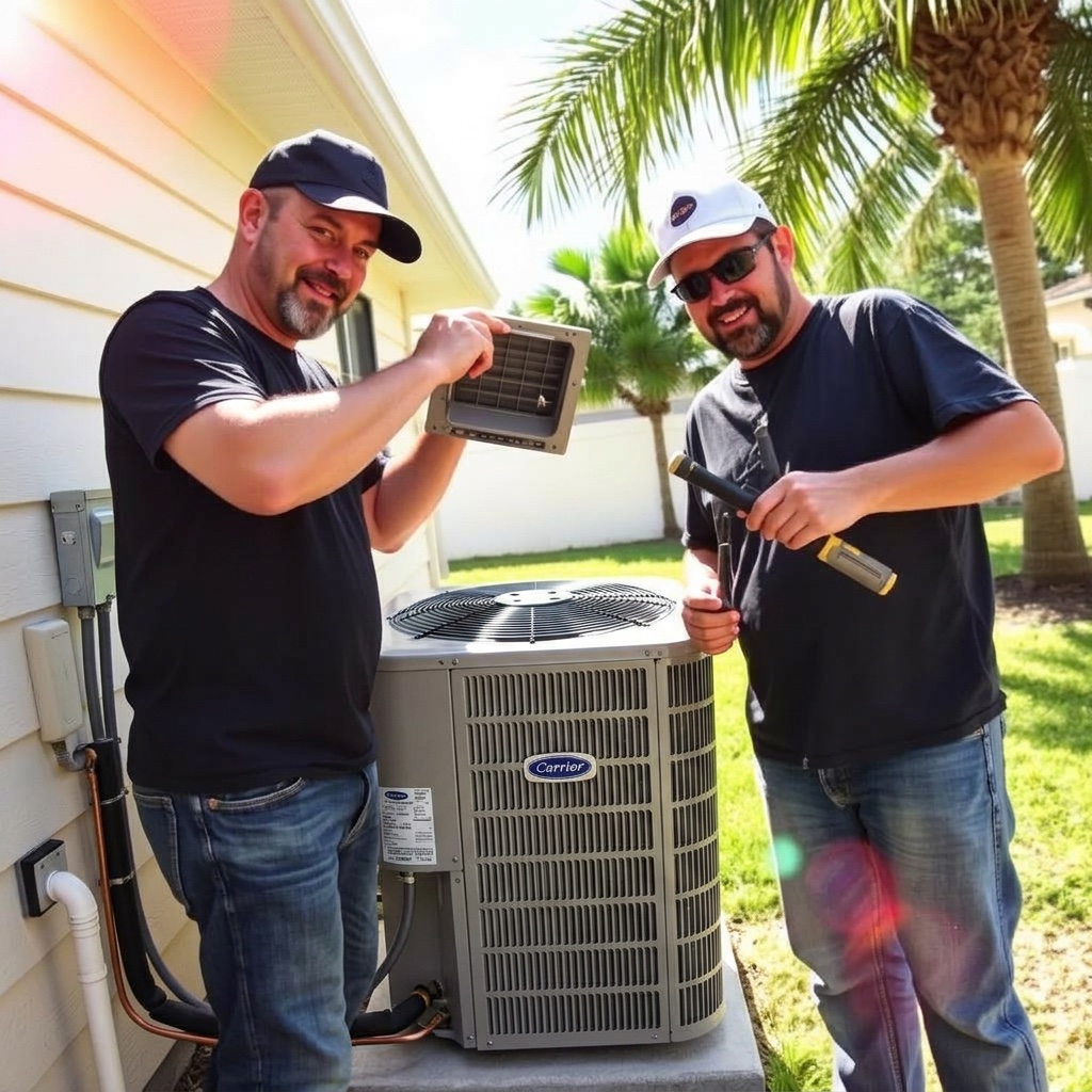 HVAC technician installing a new heat pump system in Sarasota