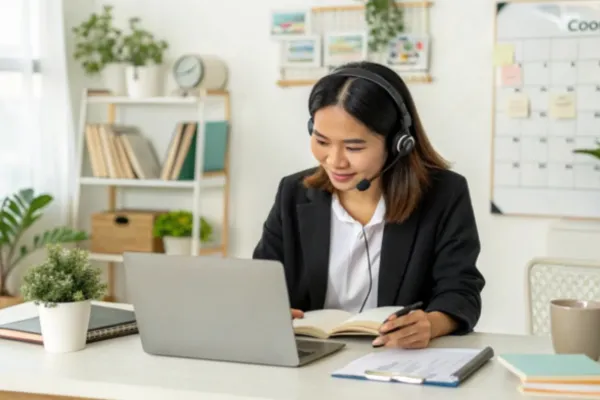 An Asian woman diligently working on her laptop in an office, embodying the role of a Marketing Virtual Assistant.