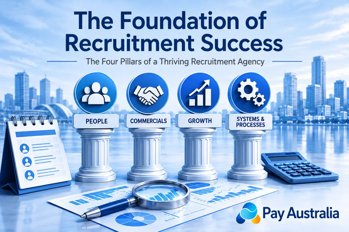 Promotional graphic titled “The Foundation of Recruitment Success – The Four Pillars of a Thriving Recruitment Agency”. The image shows four blue pillars labelled People, Commercials, Growth, and Systems & Processes, positioned in front of a soft blue city skyline. A calendar, calculator, magnifying glass, and analytics report sit in the foreground, with the Pay Australia logo at bottom right.