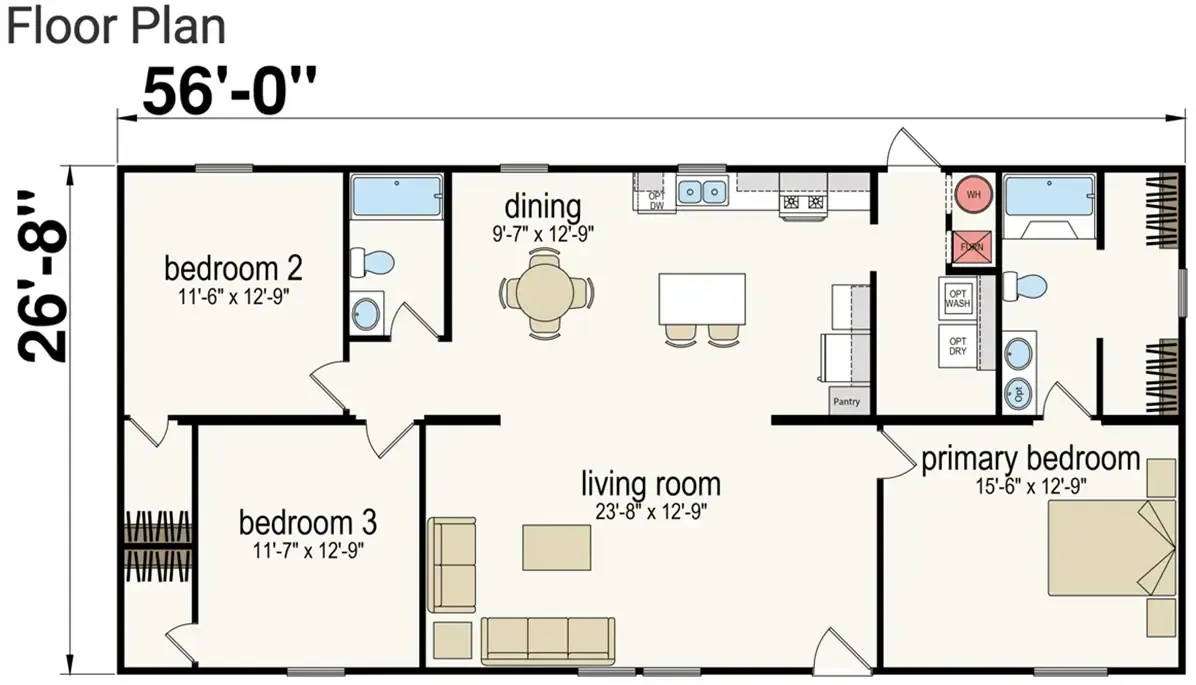 A floor plan of a 56 by 26 feet house showing three bedrooms, two bathrooms, a kitchen, dining area, living room, and designated primary bedroom.