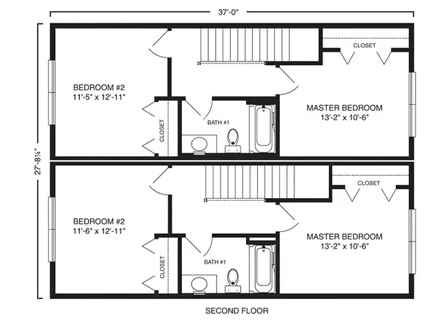 A floor plan of the second floor showing two bedrooms, one master bedroom, and a bathroom. Rooms are labeled with dimensions. The layout includes closets and a staircase at the center.