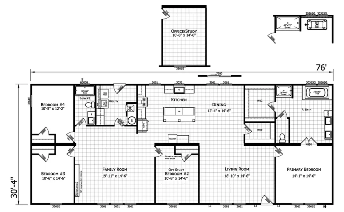 A black and white floor plan of a single-story house with three bedrooms, two bathrooms, living room, family room, kitchen, dining room, office/study, and detached office/study. House width is 30' 4" and length is 76'.