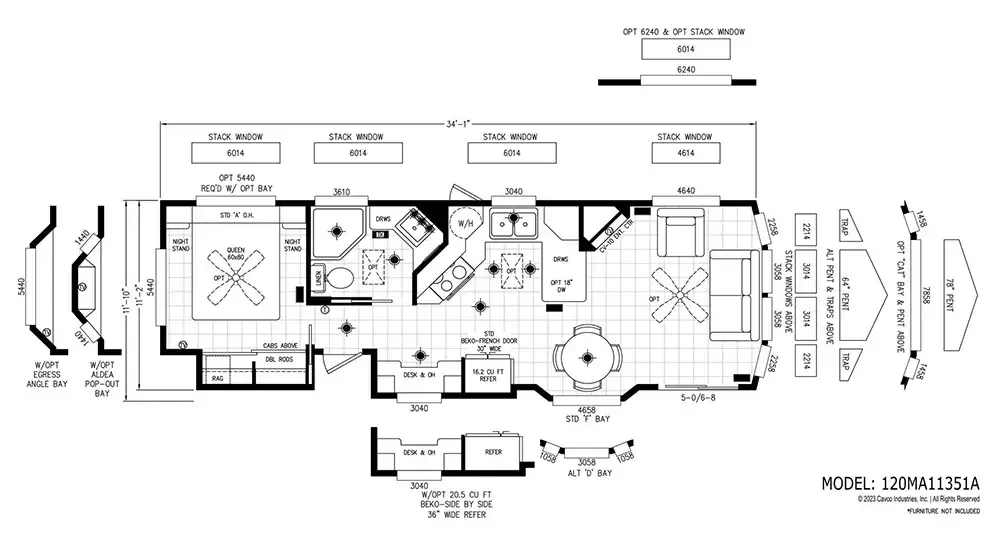 Architectural floor plan of a residential mobile home, model 1200MA11351A, showing layout of rooms and dimensions including bedroom, bathroom, kitchen, living area, and storage spaces.